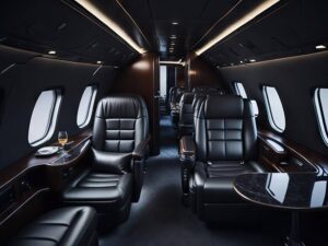Intérieur haut de gamme d'un véhicule spacieux avec sièges en cuir noir et finitions en bois, idéal pour une prestation de location autocar de luxe.